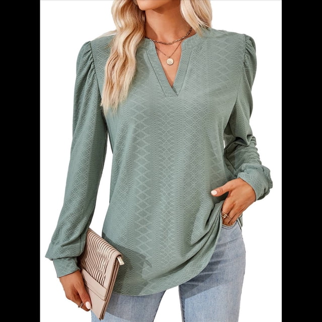 Blusas para Mujer, Elegantes, Informales, con Cuello en V, Larga, Blusas para Mujer con Mangas Abullonadas Gris Verde XL