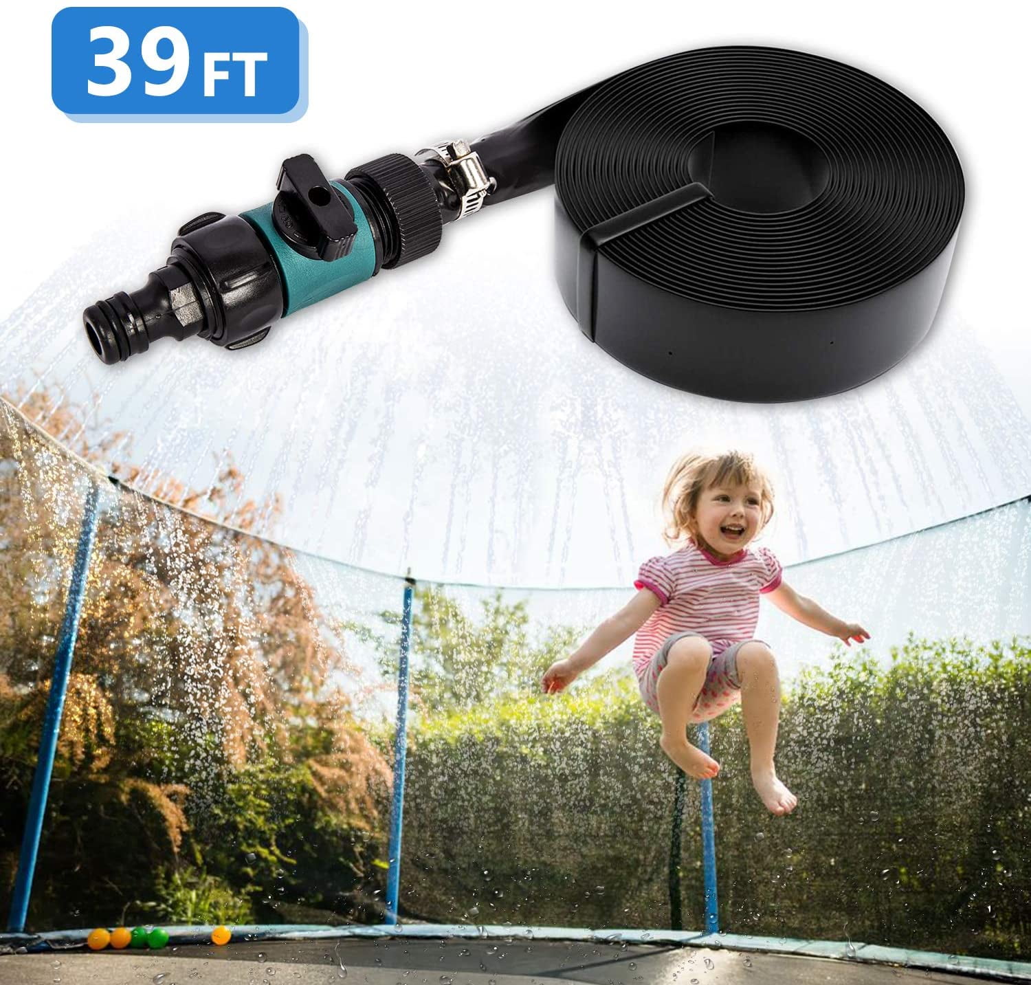 Toyify 39FT Trampoline Sprinklers Sprayer for Trampoline Net Outdoor Water Park Ajustable Length Sprinker Hose Toys Cooling Kit for Kids Boys Girls with Instruction