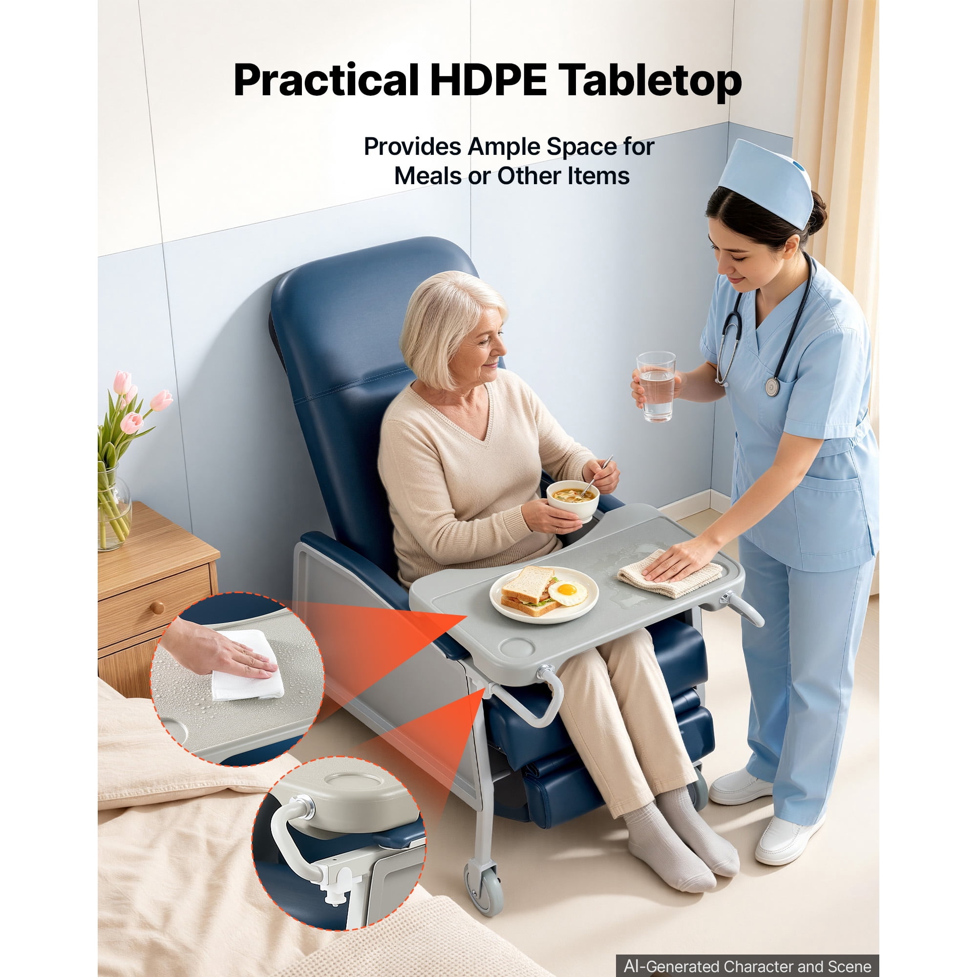 KFFKFF 3-Position Reclining Chair with 500 lbs Capacity, Comfortable Medical Recliner with Wheels, Padded Seat, and Tray Table for Healthcare Facilities and Home Care