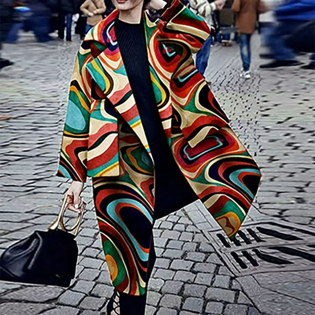 EGNMCR Manteau et Vestes Décontractés Sans Capuche à Manches Longues pour Femmes, Style Élégant, Tissu en Laine Imprimé, Poche, Veste à Revers à Manches Longues pour Femmes, Manteau