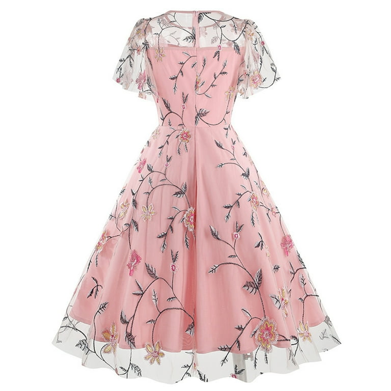 Elegant Floral Embroidered Cocktail Dress for Women Mesh Patchwork A-Line  Vintage 1950s Swing Party Midi Dresses - Walmart.com