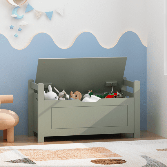 Kids Toy Box Chest for Boys Girls, Large Storage Cabinet with Cushion Seat Bench/ Flip-Top Lid/ Safety Hinge, Toy Storage Organizer Trunk for Nursery, Playroom (Sage)