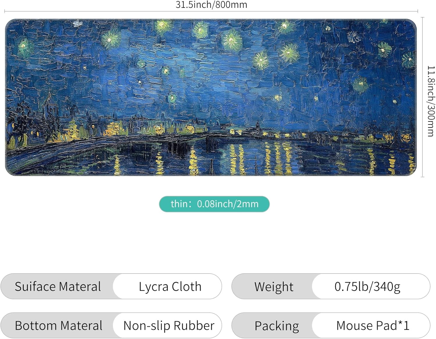Thin Extended Gaming Mouse Pad （31.5 * 11.8 * 0.08 inch） with Stitched Edges Large Mousepad Long XXL Keyboard and Mouse pad Desk Mat for Gaming Office & Home - Starry Night Over The Rhone