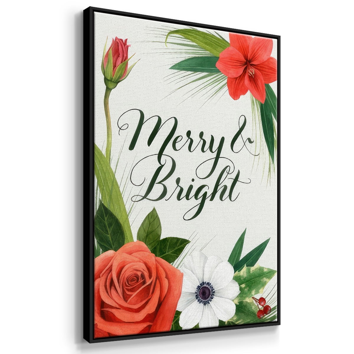 Christmas Flora Wreath Collection B - Framed Gallery Wrapped Holiday Canvas - 17 x 25 - Black Frame