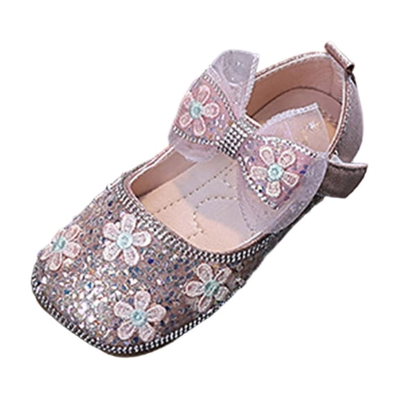 hoksml Girls Sparkly Floral Sequin Mary Jane Flats with Tulle Bow, Glitter Princess Dress Shoes for Wedding and Party Wear