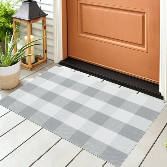 PiccoCasa Cotton Carpet Checkered Plaid Doormat Rugs, Gray & White 35.4"x23.6"