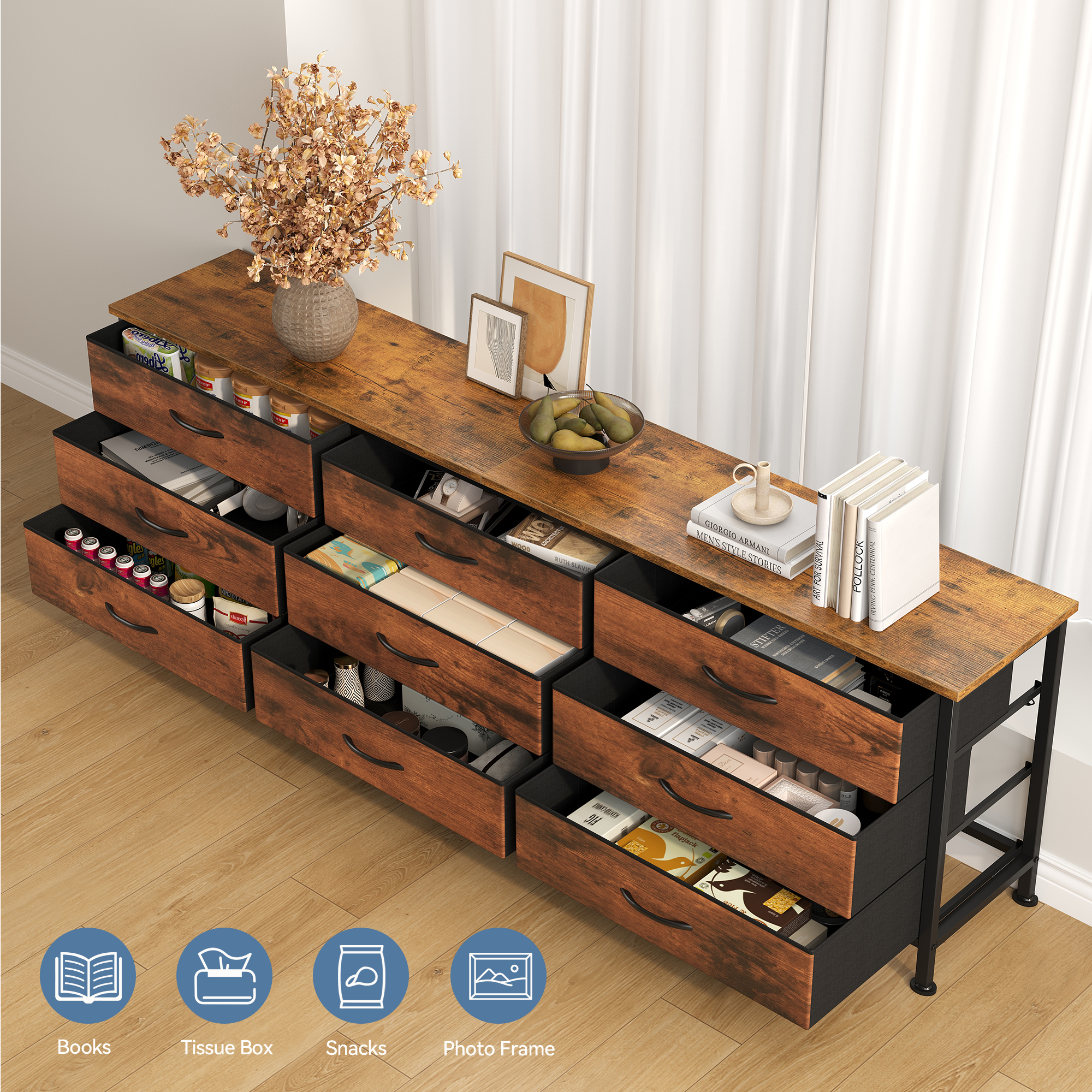 JIOABL 66 inch Wide TV Stand Dresser, 9-Drawer Storage Cabinet for 75 inch TV, Entertainment Center with Wood Top for Living Room, Rust