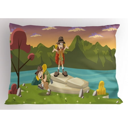 Boy Scout Pillow Sham, Best Friends Go Camping Hiking by the Lake Having Fun Explorer Kids Joy Cartoon, Decorative Standard Size Printed Pillowcase, 26 X 20 Inches, Multicolor, by