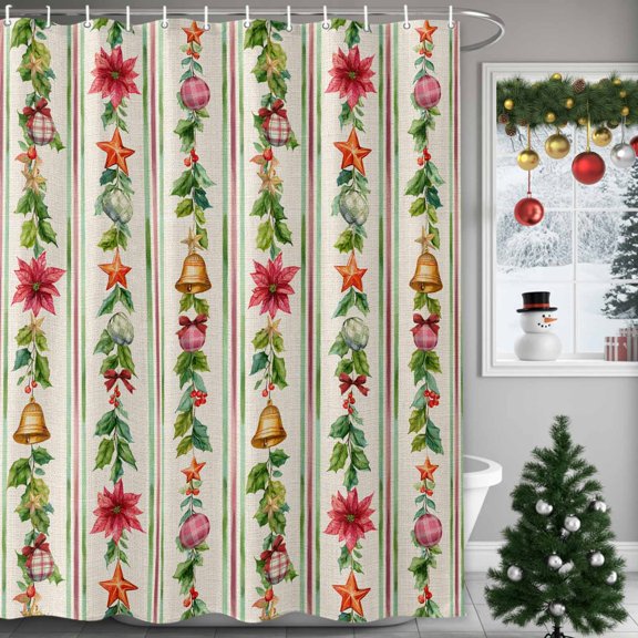 Christmas Stripes Shower Curtains for Bathroom, Bell Stars Colored Ball Snowflakes Linen Waterproof Fabric Shower Curtain for Bathroom Bathtub Decoration, Machine Washable, 72"x72"