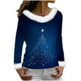 thumbnail image 3 of Hvot&aat Merry Christmas Sweaters for Women Faux Fur Trim V Neck Sweatshirts Xmas Graphic Long Sleeve Holiday Pullover, 3 of 6