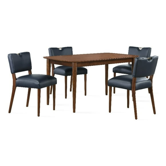 Bonito Midnight Blue Faux Leather 5-piece Dining Set in Walnut Wood Finish