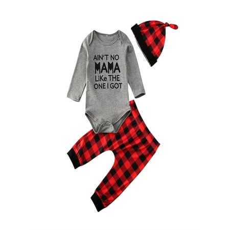 

Fiomva Newborn Baby Unisex Suit Letter Long Sleeve Romper Tops with Plaid Long Pants with Beanie Hat