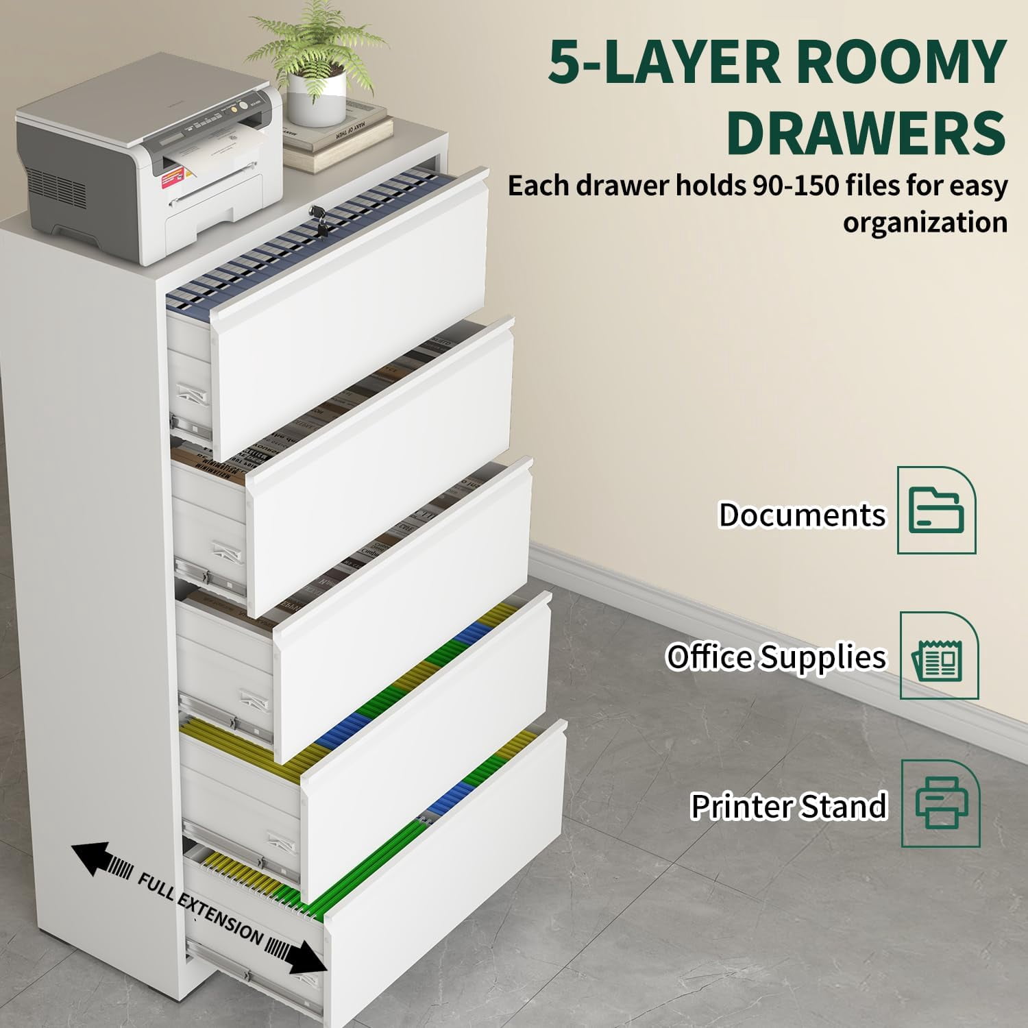 5 Drawer Lateral File Cabinet with Lock, File Cabinets for Home Office Legal/Letter A4 Size, File Cabinet Storage Cabinet, Require Assembly, White