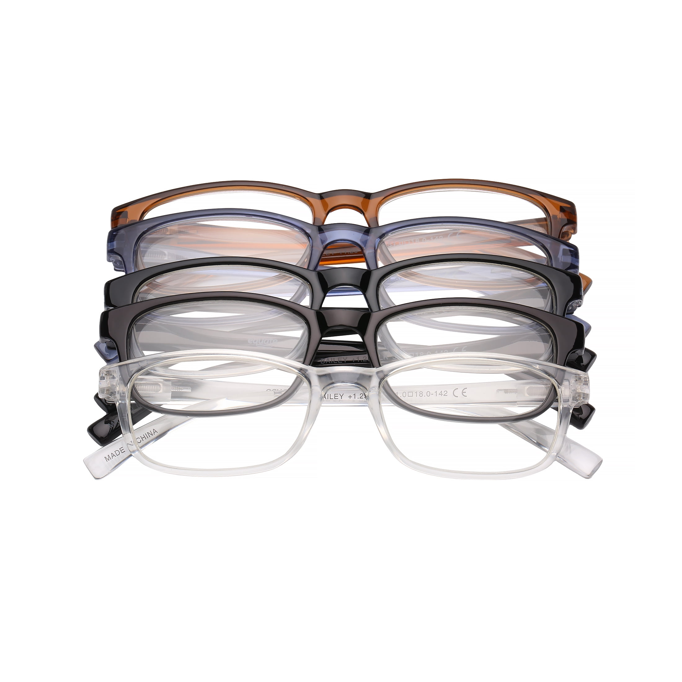 (2 pack) Equate Bailey 5-Pack Unisex Spring Hinge Plastic Reading Glasses with Case, Crystal/Black Gradient/Brown Crystal/Matte Black/Blue Crystal, +2.50
