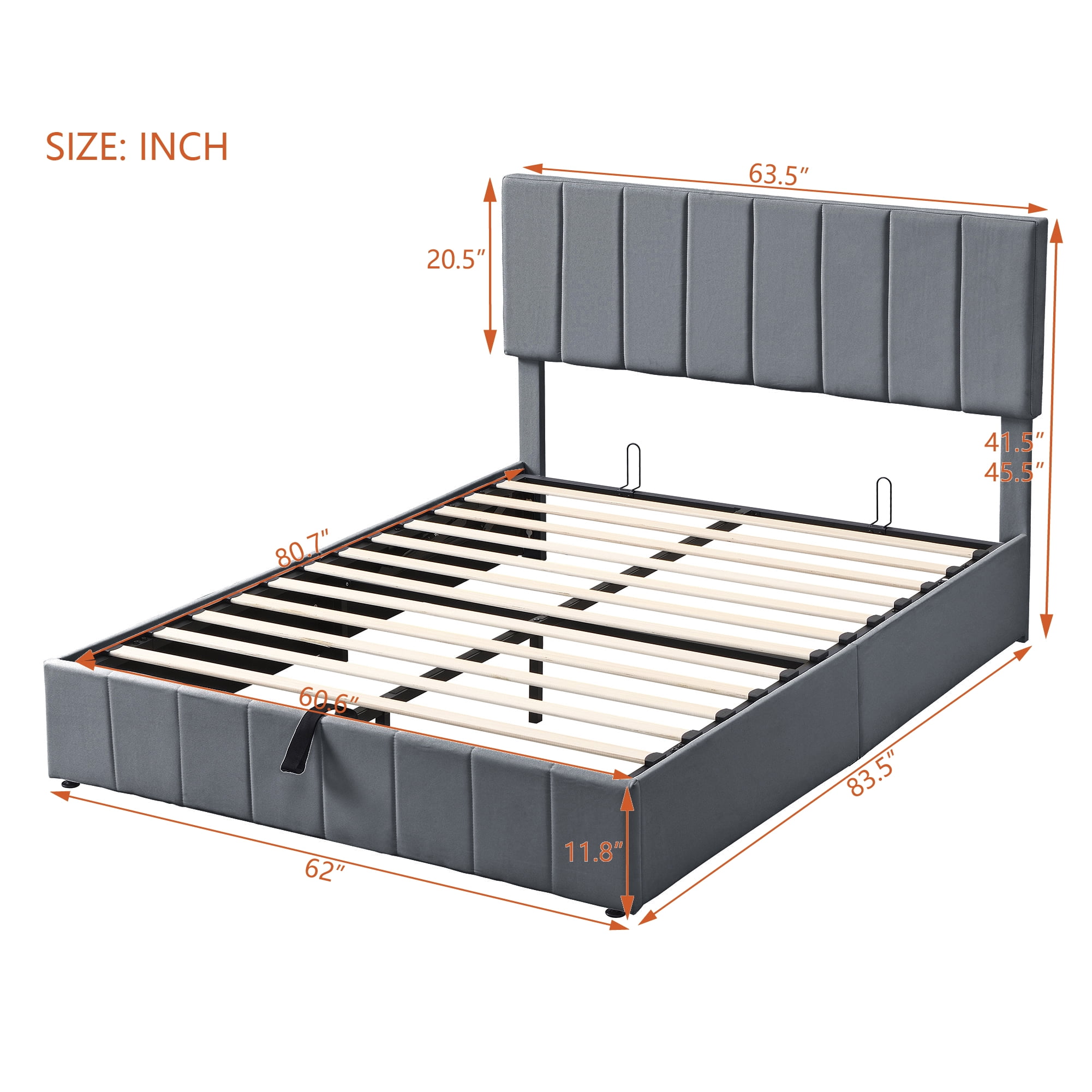 Queen Upholstered Platform Bed 83.5 Inch, Hydraulic Storage System Bed Frame with Linen Fabric Headboard, No Box Spring Needed, Gray