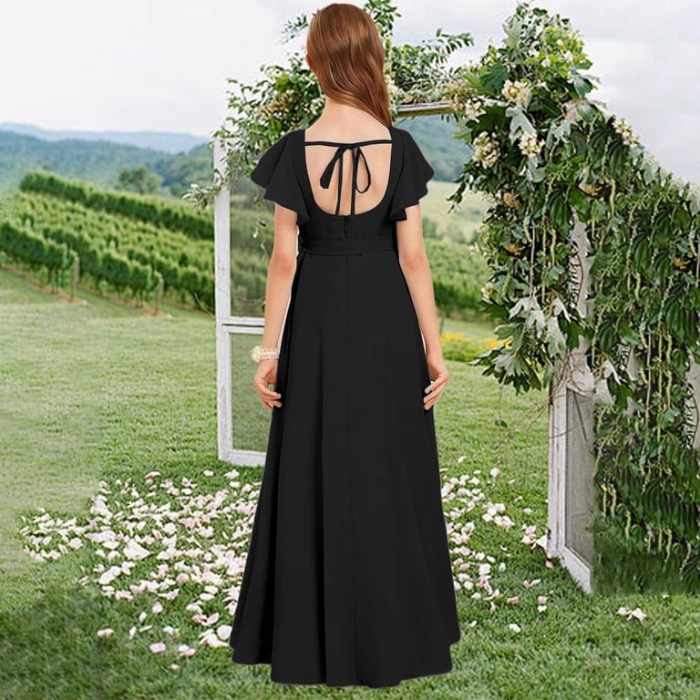 Mercatoo Girls High Low Formal Dress, Square Neck Flutter Sleeve Gown with Bow, Elegant Party Dress for Weddings and Special Events