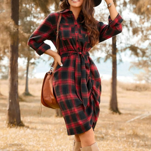 Robe Chemise à Carreaux Décontractée pour Femmes, Boutons