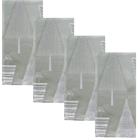 Newbridge Grey and Silver Fancy Metallic Christmas Trees Fabric Holiday Napkins, Xmas Tree Contemporary Soil Resistant Easy Care Napkins, Set of 4 Fabric Napkins, Grey/Silver