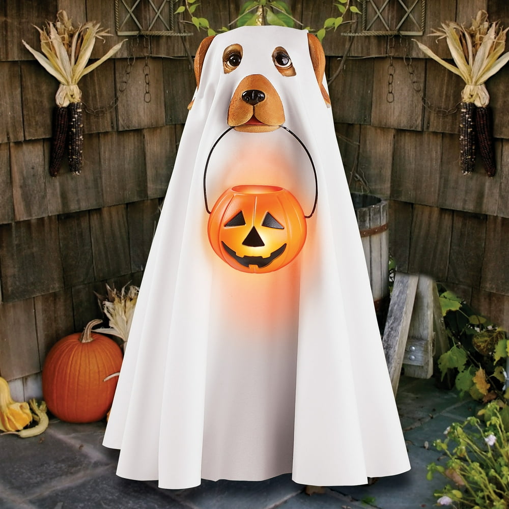 Cute Ghost Dog in Halloween Costume Featuring LED Lighted Trickor