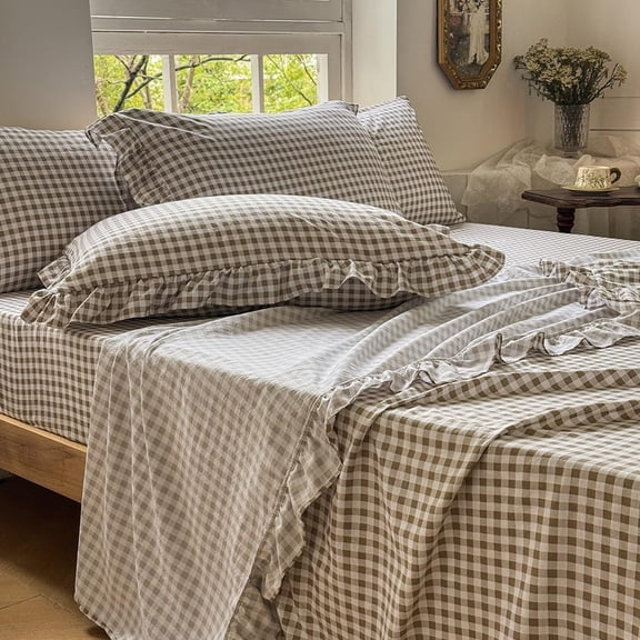 Tan Gingham Ruffle Queen Sheet Set with Deep Pocket Fitted Sheet