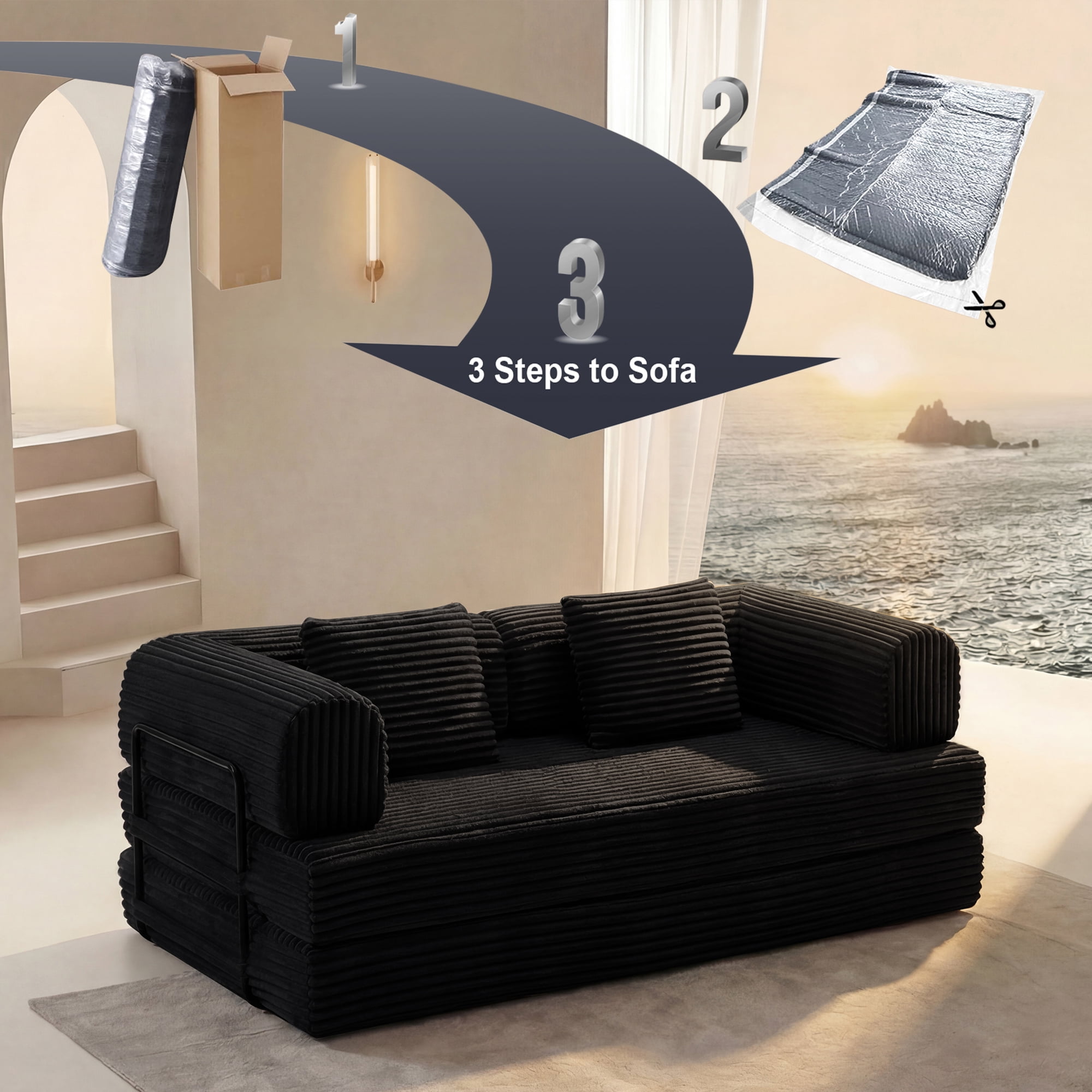 Convertible Sofa Bed, Floor Sofa with Pillow Back Support and Corduroy Fabric, No Assembly Required Design for Living Room, Black