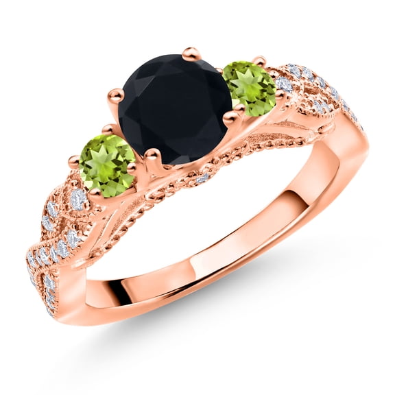 Gem Stone King 18K Rose Gold Plated Silver Black Onyx Green Peridot and White Moissanite Engagement Ring for Women (1.31 Cttw, Gemstone December Birthstone, Round 6MM and 3MM, Size 6)