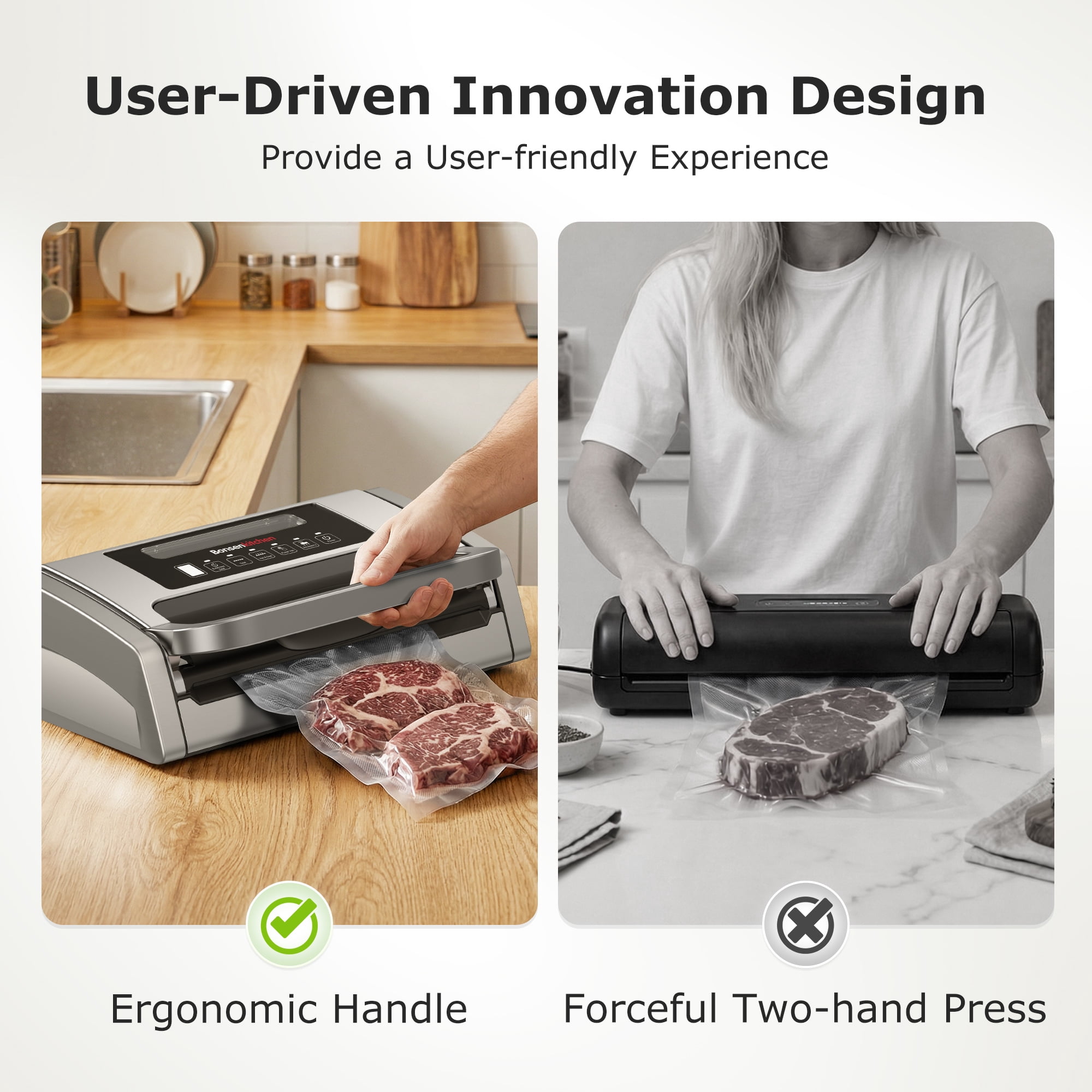 Bonsenkitchen Automatic Vacuum Sealer for Food, 5-in-1 Food Sealer Machine with Bag Rolls & Pre-cut Bags, Includes Jar Suction Hose, 65dB Quiet