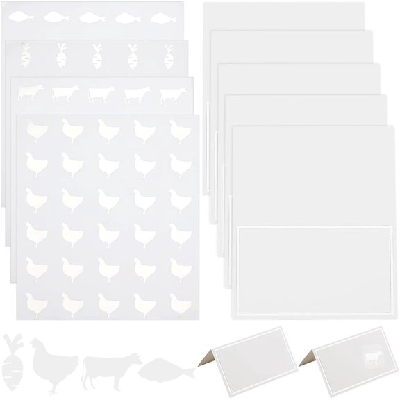 240pcs 4 Style Silver Meal Sticker 1 Inch with 60pcs Table Place Cards Food Choice Sticker Set Cow/Chicken/Fish/Carrot Wedding Meal Stickers with Blank Table Cards for Wedding Party Supplies Silver