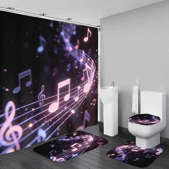 Glitter Music Note Shower Curtain Set 4 PCS Modern Black Purple Bathroom Decor Set with Non-Slip Bath Rugs, Toilet Lid Cover & U-Shaped Mat