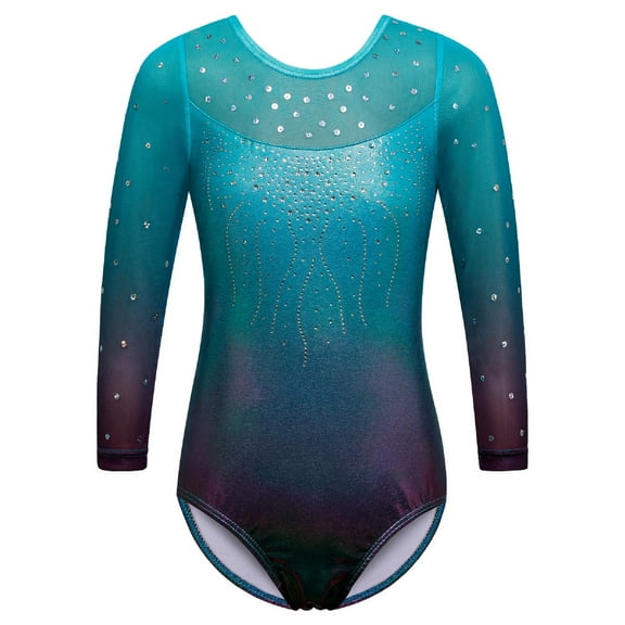 BAOHULU Sequin Gymnastics Leotard for Girls 3/4 Sleeve Gradient Cyan Dancewear