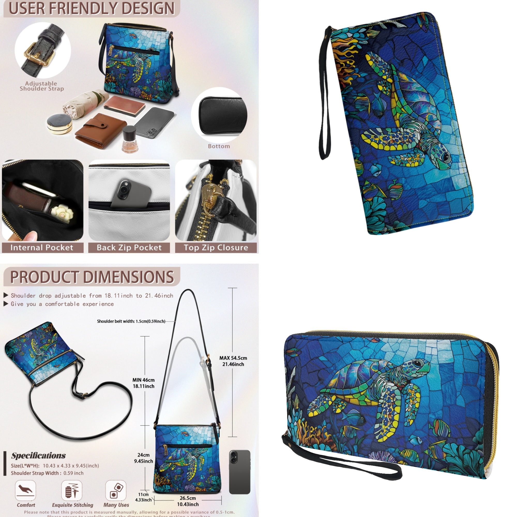 ZUXONGSY Stained Glass Turtle Coral Fish Print Women's PU Leather Crossbody Satchel & Wallet Set, Multi-Pocket Hobo Purse with Adjustable Shoulder Strap for Shopping Work Business