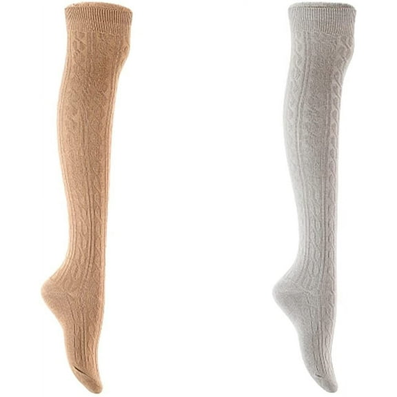 Lian Style Women 2 Pairs Exquisite Thigh High Over Knee High Cotton Boot Socks With Vibrant Unique Colors Size 6-9 JMYP1024 Beige, Light Grey
