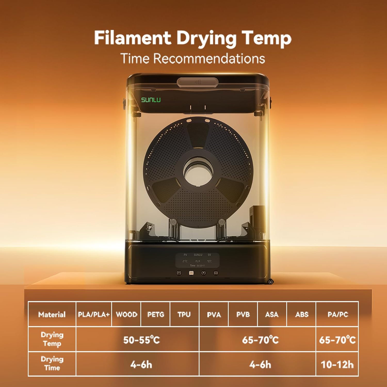 Filament Dryer, Filament Storage Box, SUNLU SP2 Filament Dehydrator for 3D Printer Filament, 70℃ Max, Heat Control, Compatible with 1.75mm/2.85mm PLA PETG TPU ABS PA PC