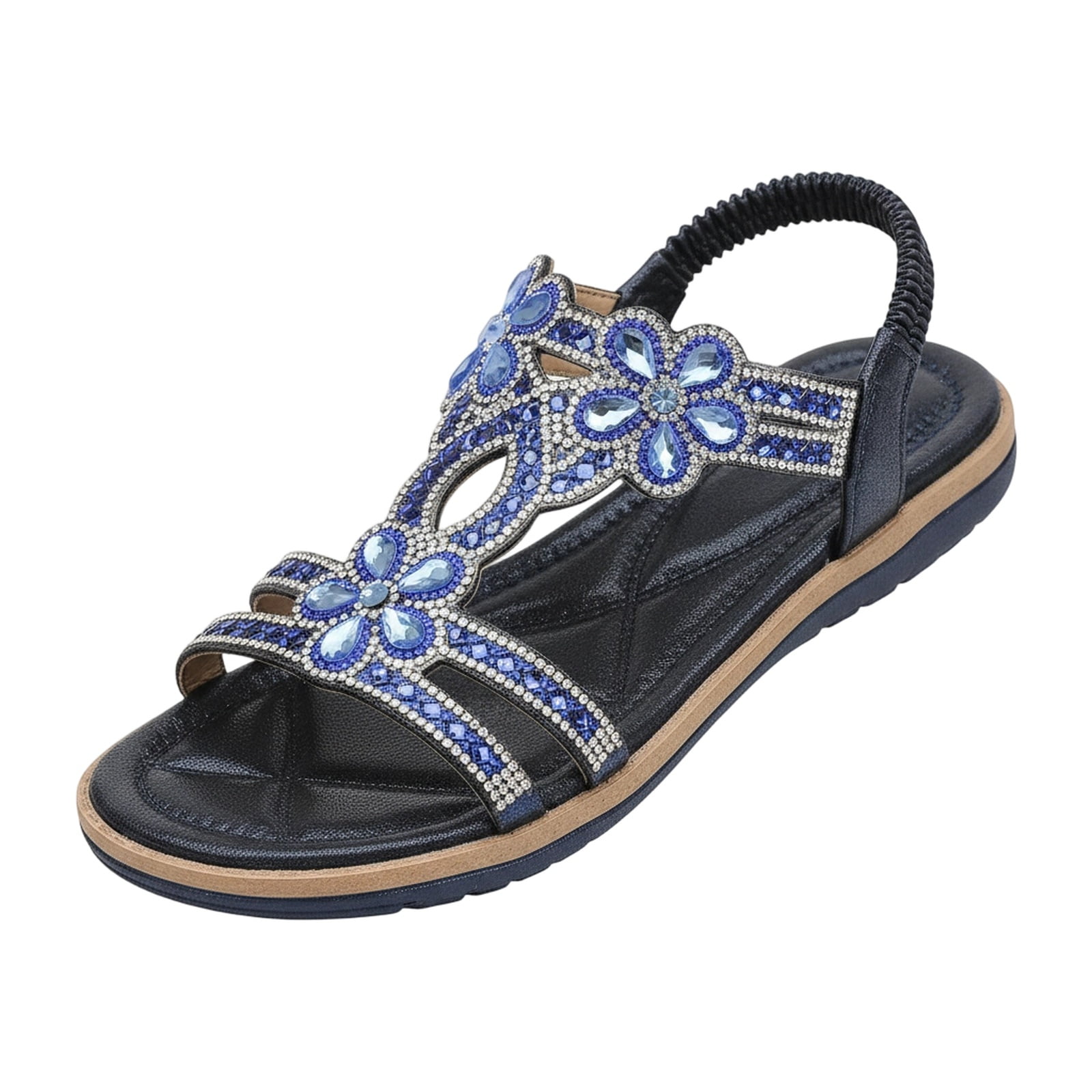 Sandals women stylish bohemian glitter bling open toe flats women's sandals elastic ankle strap non-slip outsole womens sandals breathable wide width great for summer beach trips wedding use,Blue 39