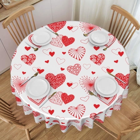 Valentines Day Table Cloths Seasonal Romantic Pink Hearts Love Rose Anniversary Cute Coffee Table Cover Decor for Kitchen Dining Room Outdoor Home Party 60 Round
