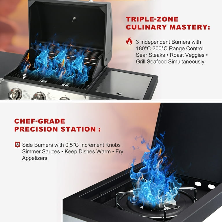 SHINPT 40000 BTU Gas Grill, 3-Burner Stainless Steel BBQ with Side
