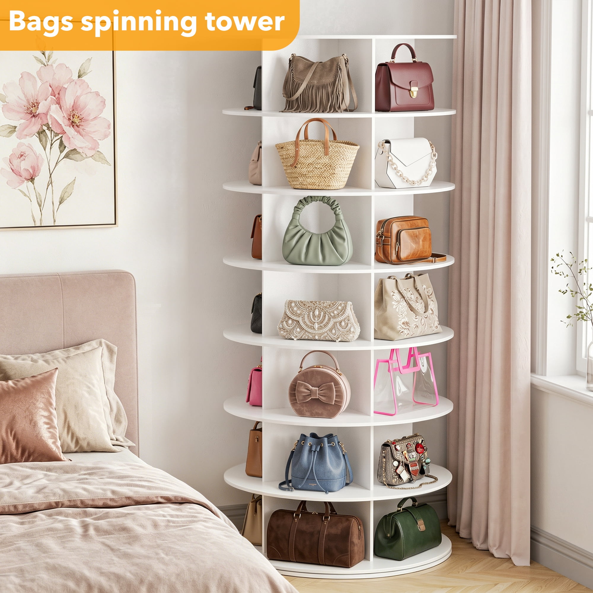 Tacwily 7-Tier Rotating Shoe Rack, 360° Spinning Shoe Organizer for Closet, Holds 28-35 Pairs, White, 63" High
