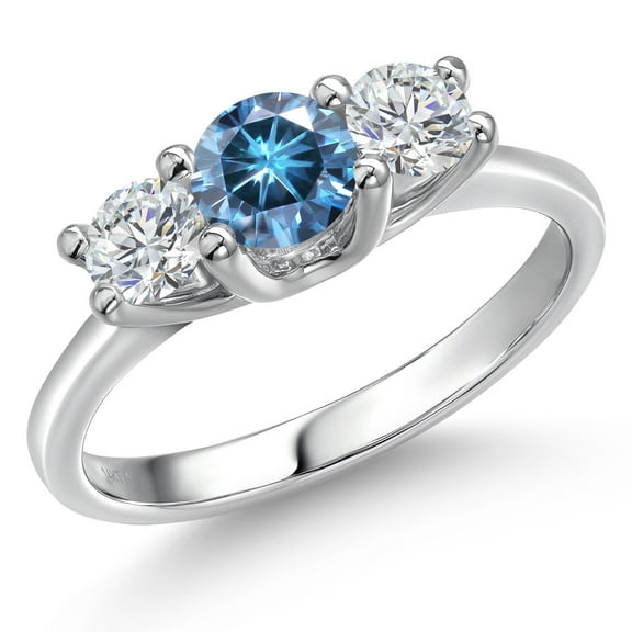 Gem Stone King 14K White Gold Persian Blue Moissanite & White Lab Grown Diamond Engagement Ring | 1.04 Cttw | Round 5MM and 4MM | Three Stone Wedding Anniversary Promise Ring for Women (Size 7)