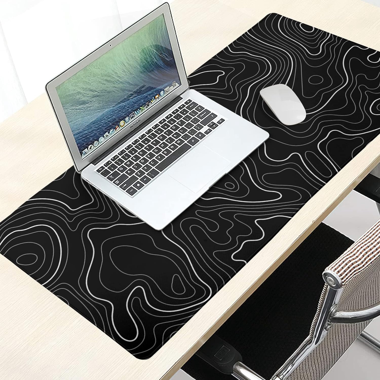 Topographic Contour Gaming Mouse Pad 35.4 X 15.7 Inch XXL Black Geographic Map Lines Full Des Mousepad Extended Large Non-Slip Rubber Base Keyboard Mat with Stitched Edges for Home Office