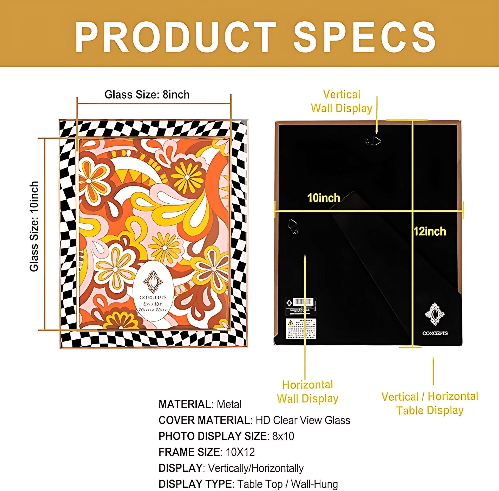 Concepts 8x10 Photo Frames Silver Border Checkered Retro Frame, HD Glass, Wall/Tabletop