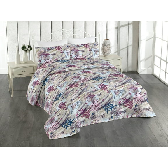 Ambesonne Floral Quilted Bedspread Set 3 Pcs, Grunge Leafy Pattern Meadow, King, Soft Blue Indigo and Plum
