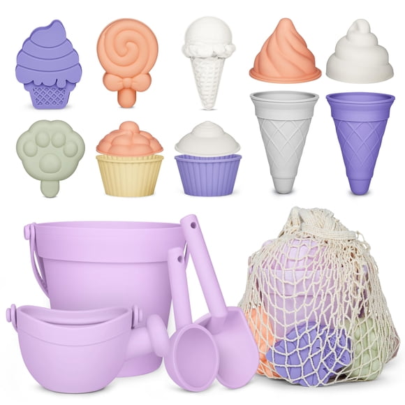 Juego de 17 piezas de silicona MarcZero de Beach Toys con balde, pala y bolsa