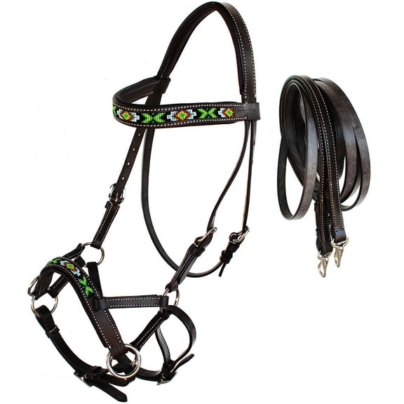 Horse Western Padded Leather Beaded Bitless Sidepull Bridle 77RT21BR-F