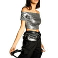 thumbnail image 4 of Unique Bargains Women's Off Shoulder Party Club Shiny Metallic Crop Top L Silver, 4 of 7