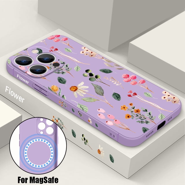 Colourful Flower Pattern Phone Case For iPhone 16 15 14 13 12 Pro Max 11 Magnetic For Magsafe Wireless Charge TPU Silicone Cover PURPLE For iPhone 14 Pro
