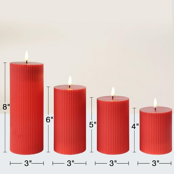 Red Christmas Flameless Pillar Candles with Remote, Flat Top Ribbed LED Wax Candles Battery Operated Set of 4 Holiday Decor