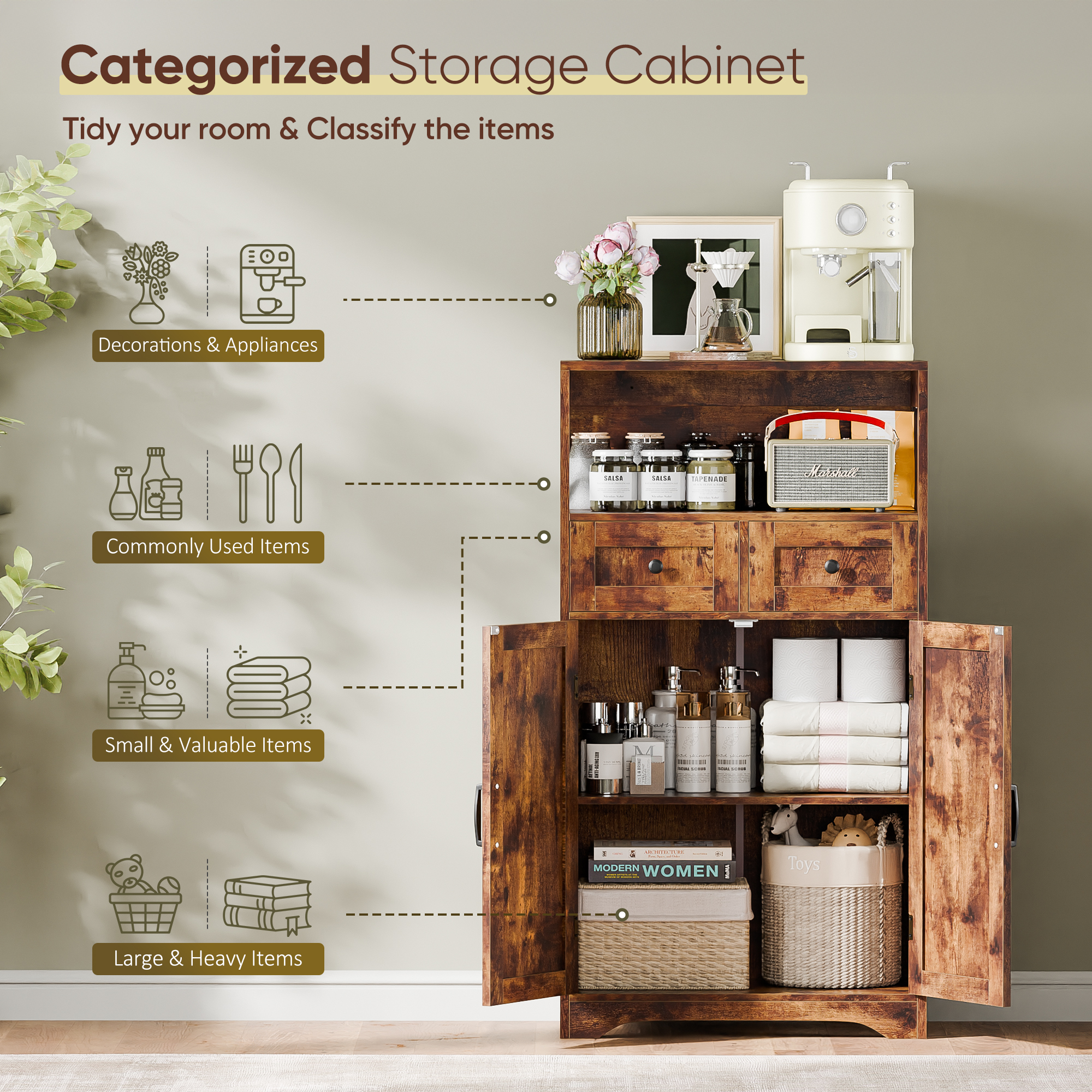 HomGarden Floor Storage Cabinet Large Farmhouse Kitchen Pantry Cabinet W/Drawers & Doors & Shelves for Home, Bathroom, Entryway, Living Room, Rustic
