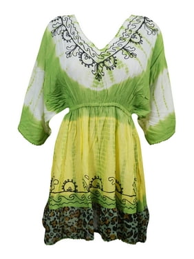 Mogul Womens Tie Dye Mini Dress Floral Embroidered Green Yellow Rayon Summer Dresses