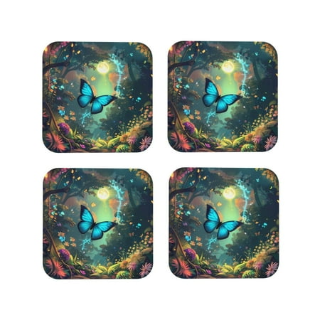 

Drink Coasters Set of 4 Enchanted Forest Butterfly A Leather Coasters for Coffee Table Protector Heat Resistant Cute Coasters for Home Decor Housewarming Gifts Bar Kitchen 4 Inch Square