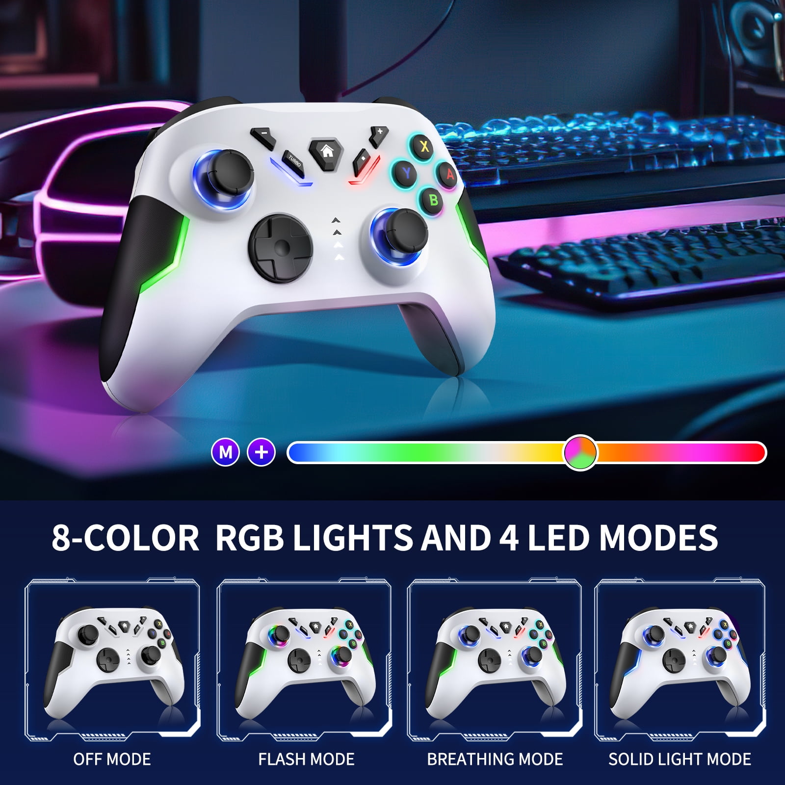 RGB Wireless with Switch Nintendo PC Cool Light iOS/Android Wireless Programmable Wired for Switch/Lite/OLED, for Remote Vibration(White) Pro Controller, Switch Gmaepad Controller Windows Switch